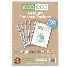 A4 100% Recycled Multi Punched Pockets - Pack 100 (45 Micron)